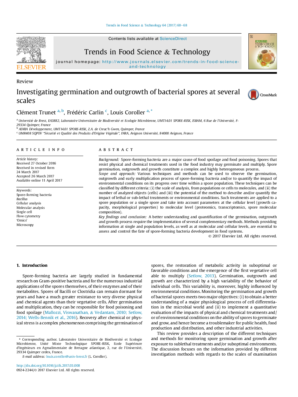 ReviewInvestigating germination and outgrowth of bacterial spores at several scales