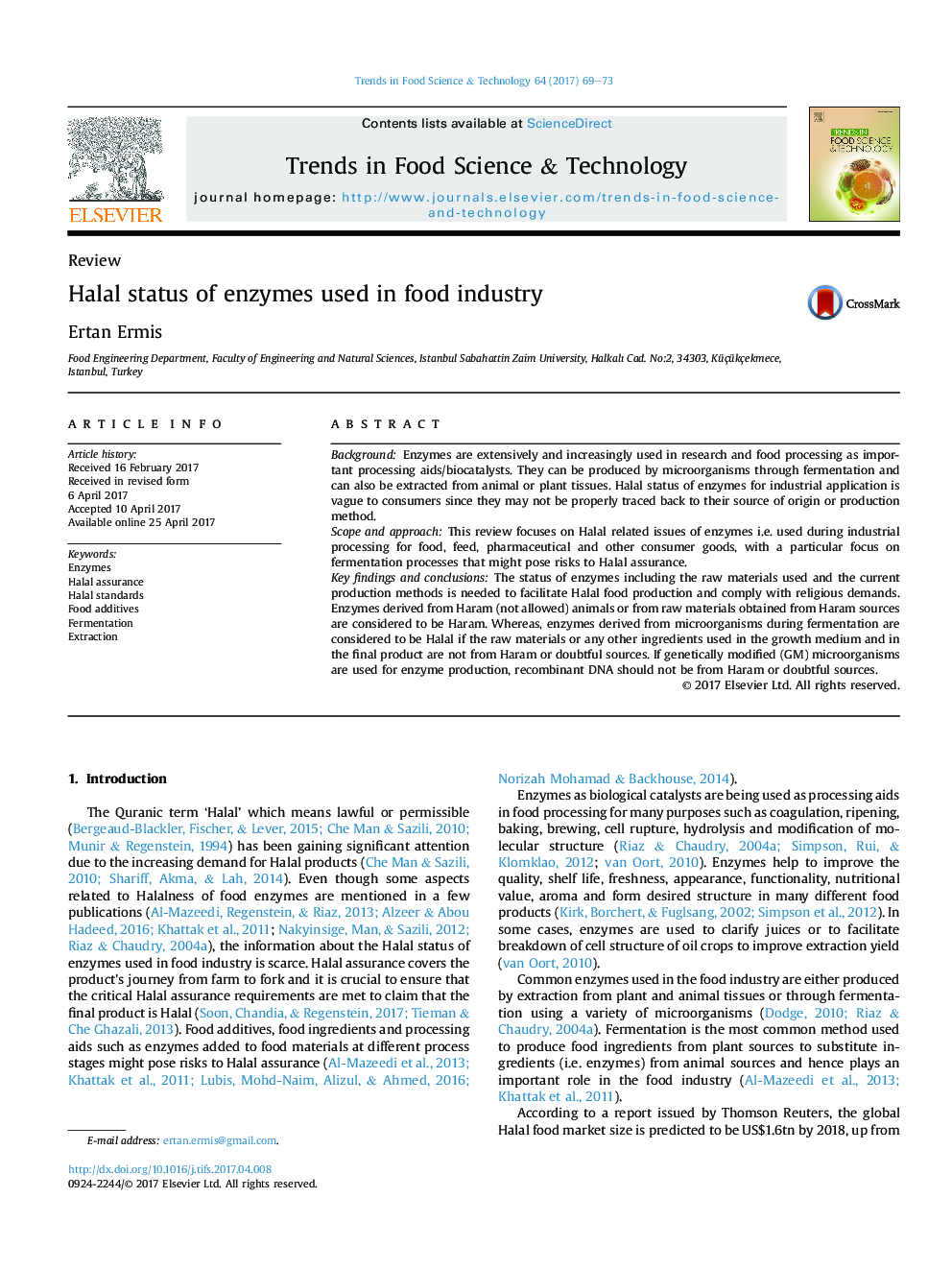 ReviewHalal status of enzymes used in food industry