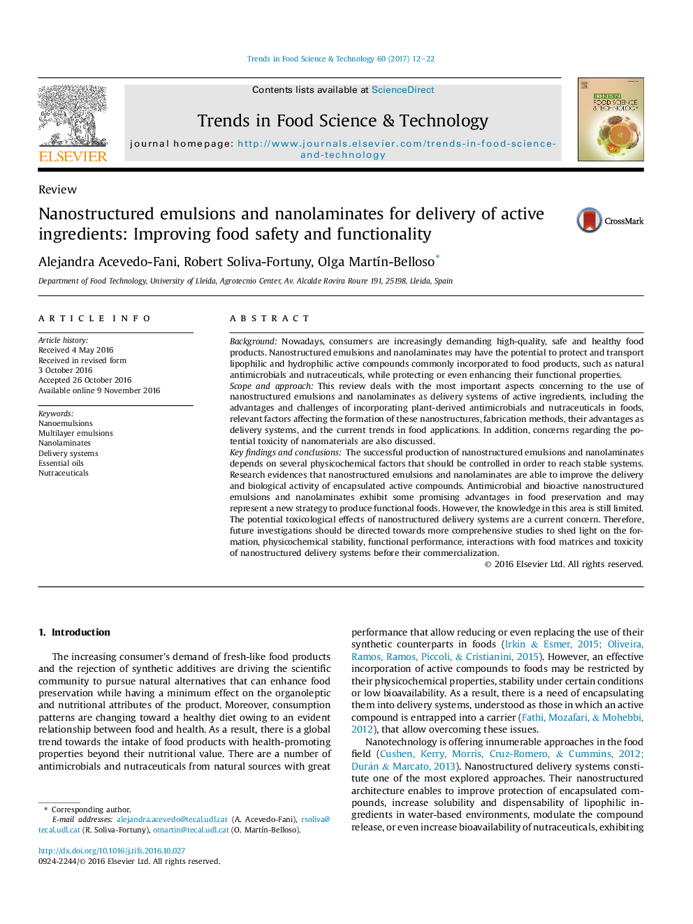 ReviewNanostructured emulsions and nanolaminates for delivery of active ingredients: Improving food safety and functionality