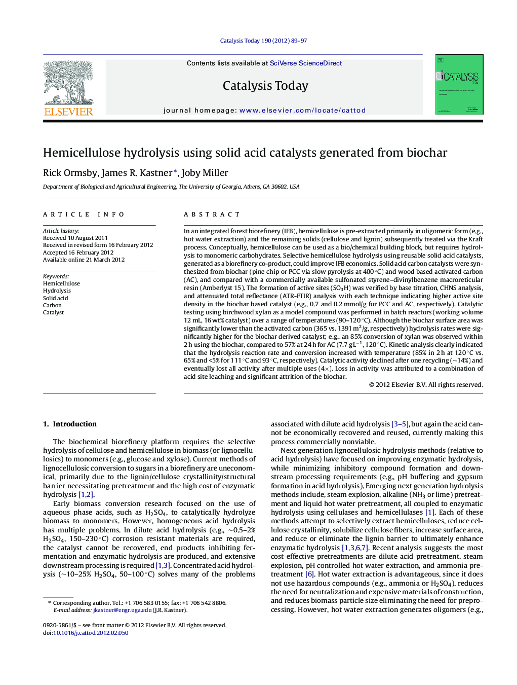 Hemicellulose hydrolysis using solid acid catalysts generated from biochar