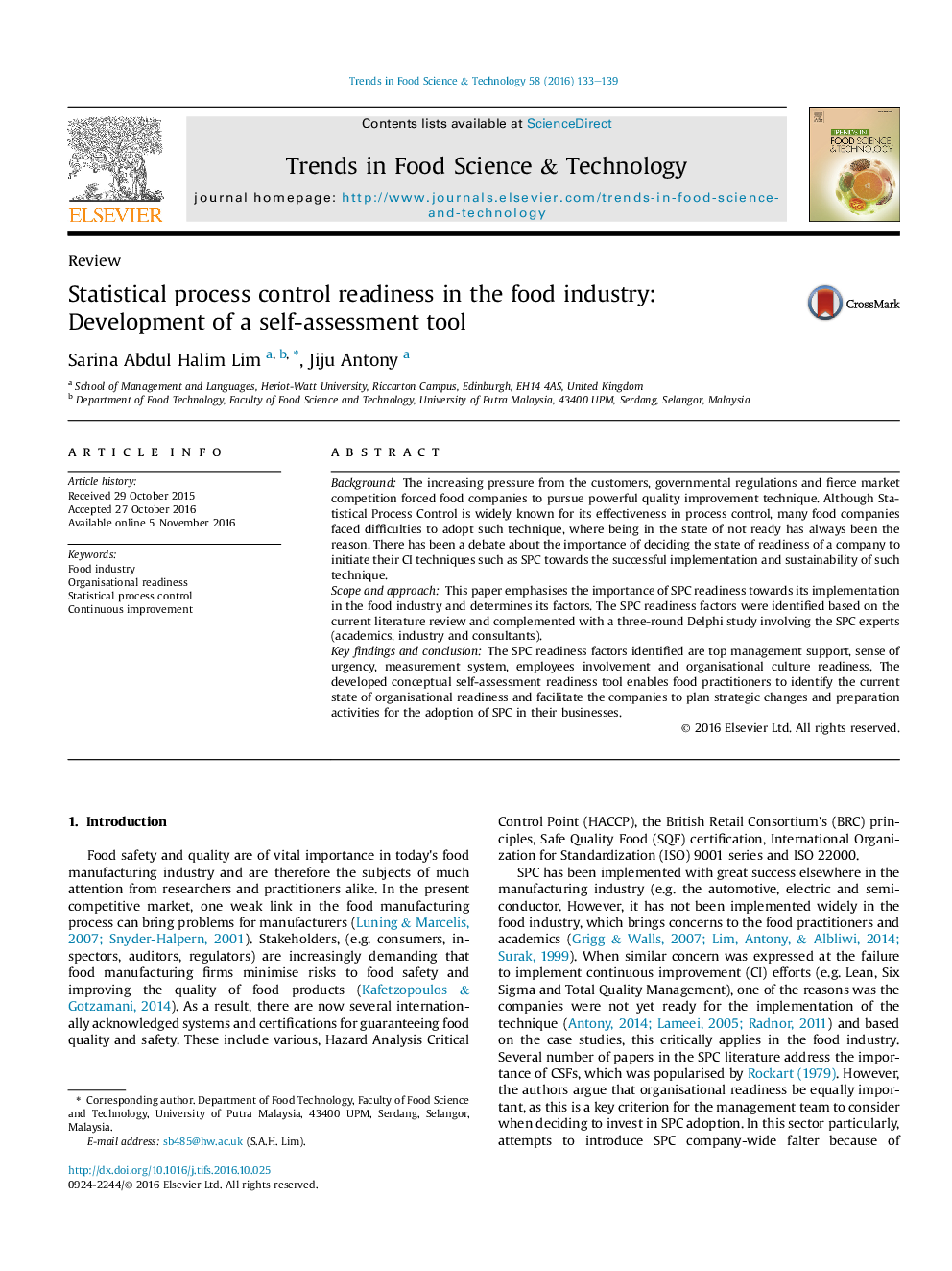 ReviewStatistical process control readiness in the food industry: Development of a self-assessment tool