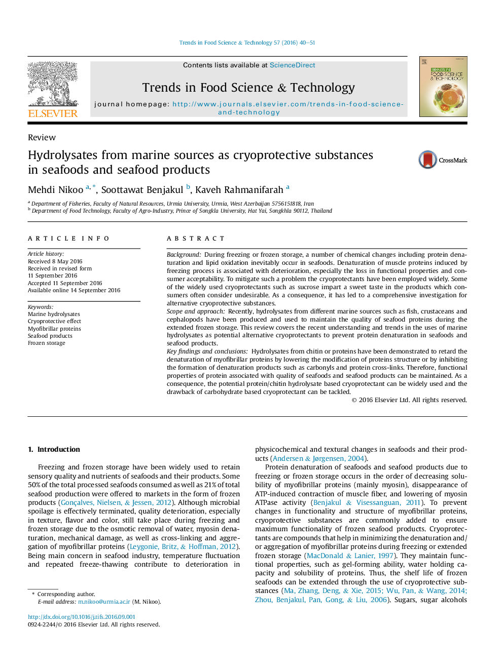 ReviewHydrolysates from marine sources as cryoprotective substances in seafoods and seafood products