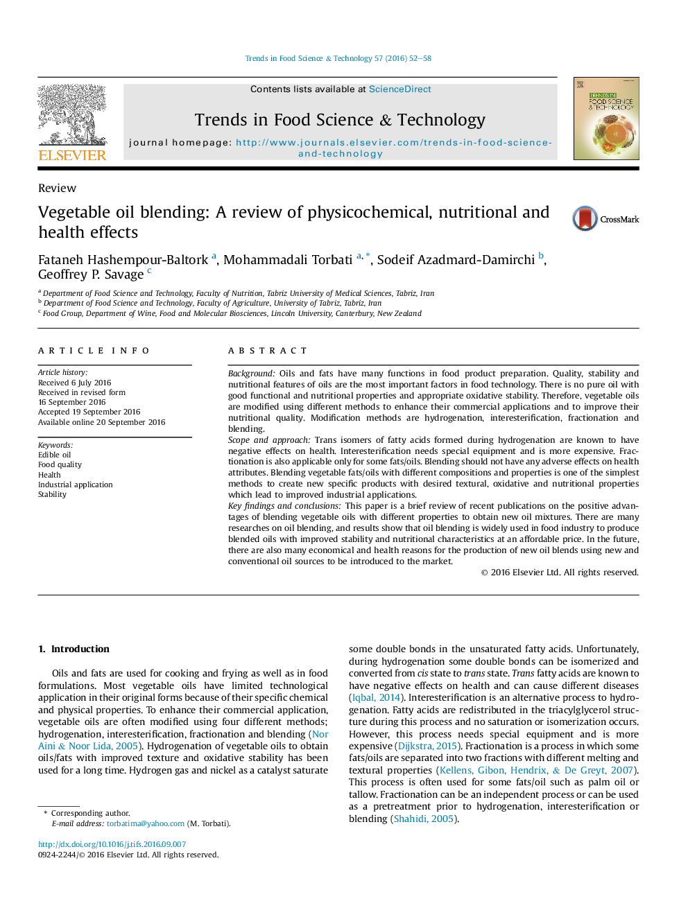 ReviewVegetable oil blending: A review of physicochemical, nutritional and health effects