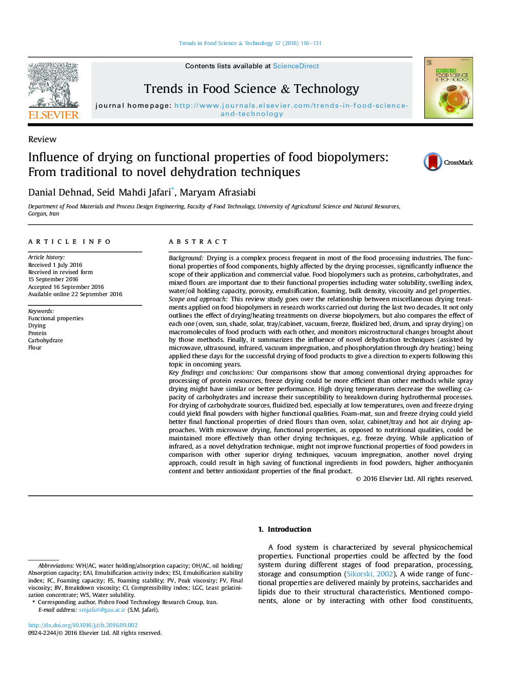 ReviewInfluence of drying on functional properties of food biopolymers: From traditional to novel dehydration techniques