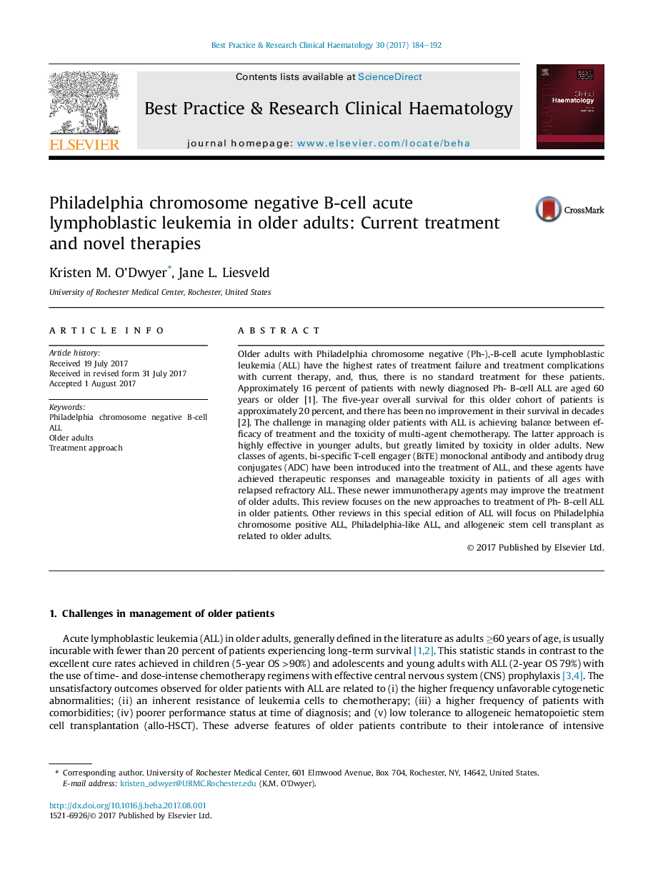 Philadelphia chromosome negative B-cell acute lymphoblastic leukemia in older adults: Current treatment and novel therapies