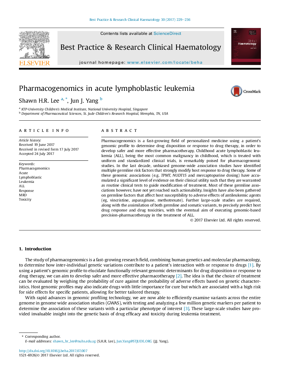 Pharmacogenomics in acute lymphoblastic leukemia