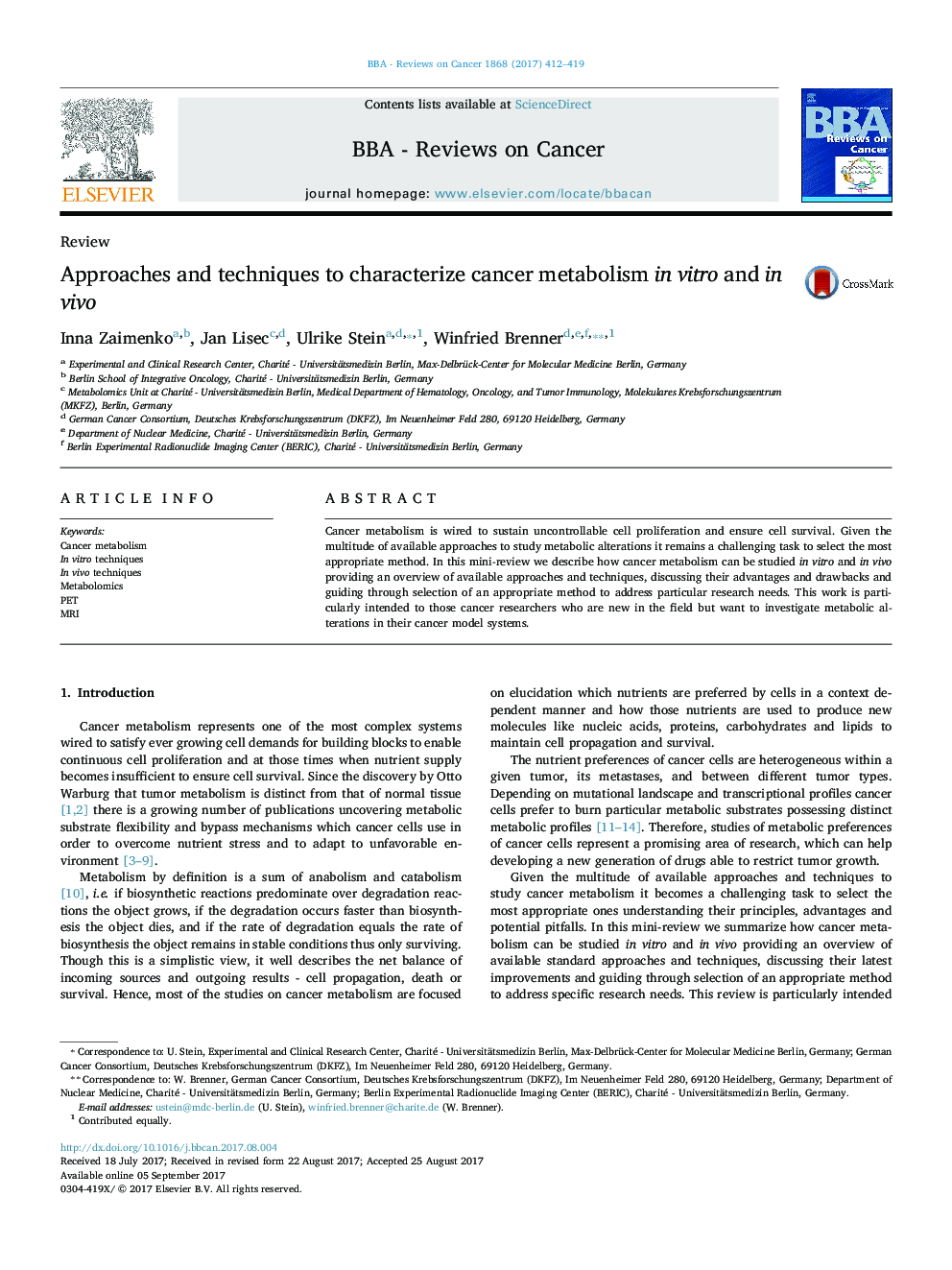 ReviewApproaches and techniques to characterize cancer metabolism in vitro and in vivo