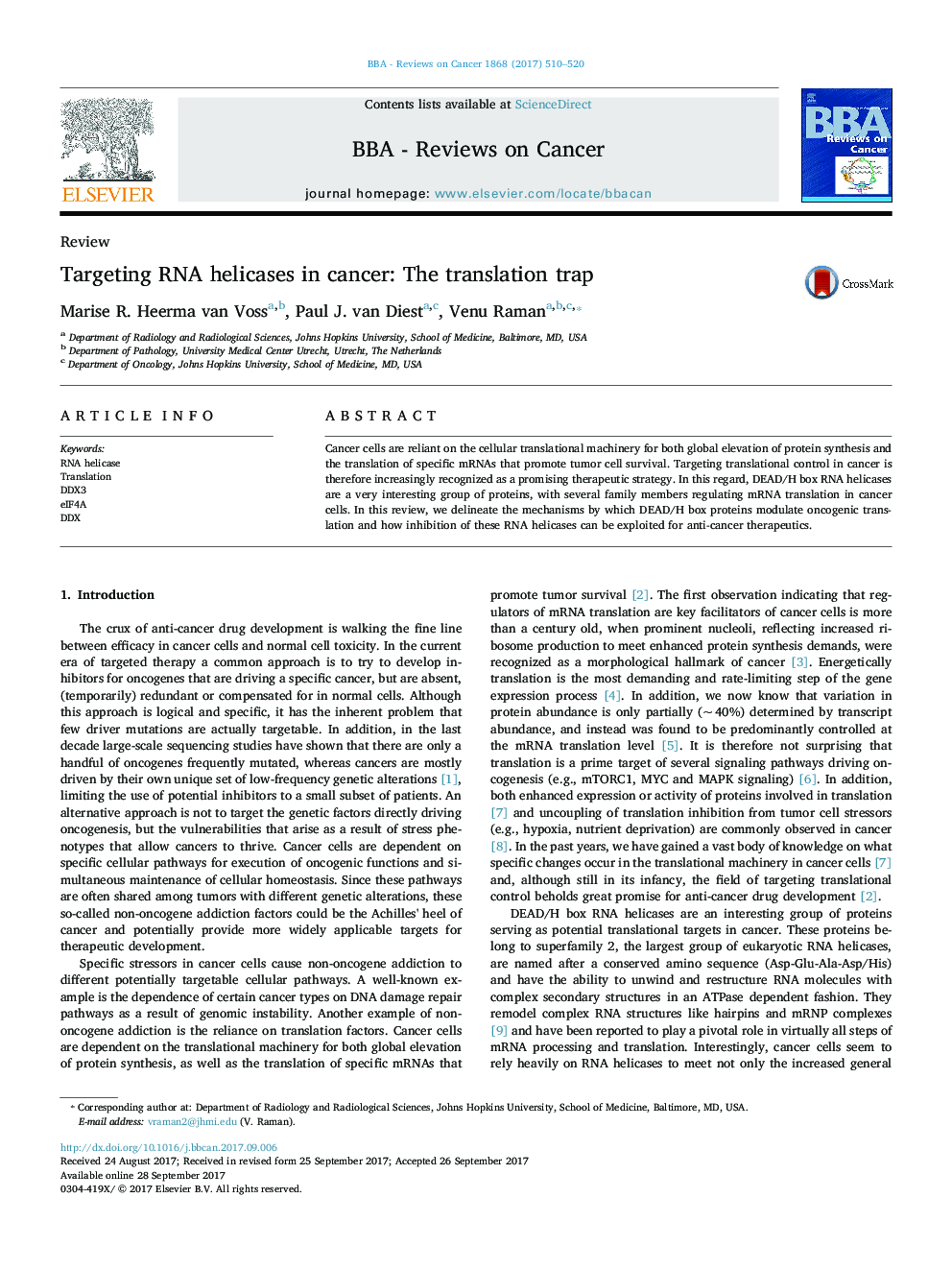 ReviewTargeting RNA helicases in cancer: The translation trap