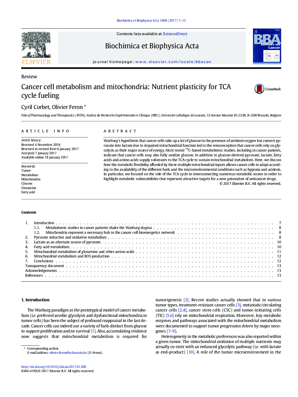 ReviewCancer cell metabolism and mitochondria: Nutrient plasticity for TCA cycle fueling