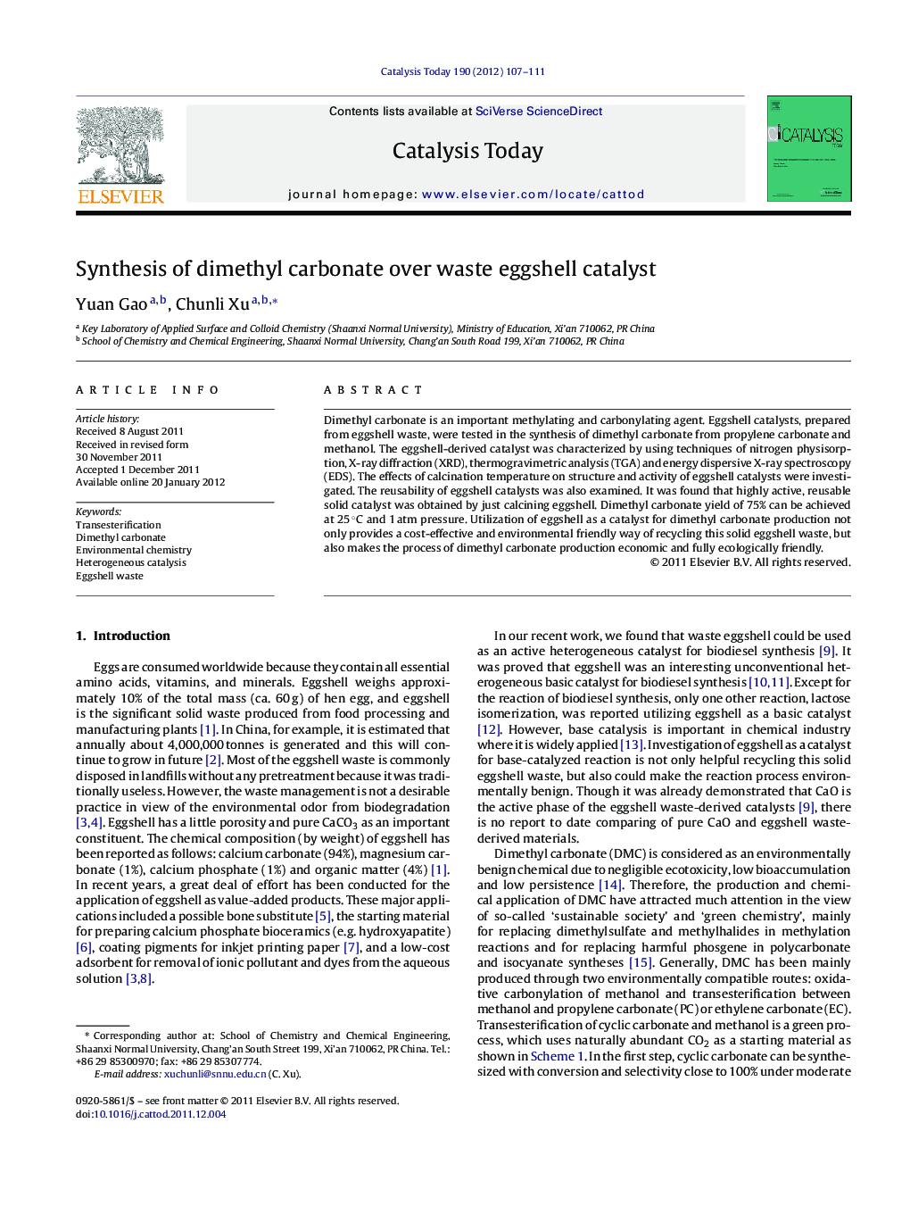 Synthesis of dimethyl carbonate over waste eggshell catalyst