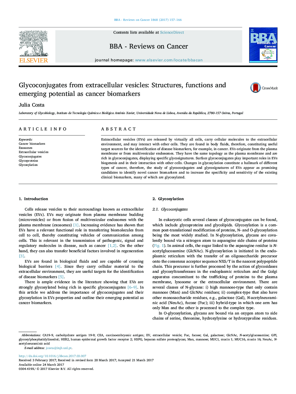 Glycoconjugates from extracellular vesicles: Structures, functions and emerging potential as cancer biomarkers