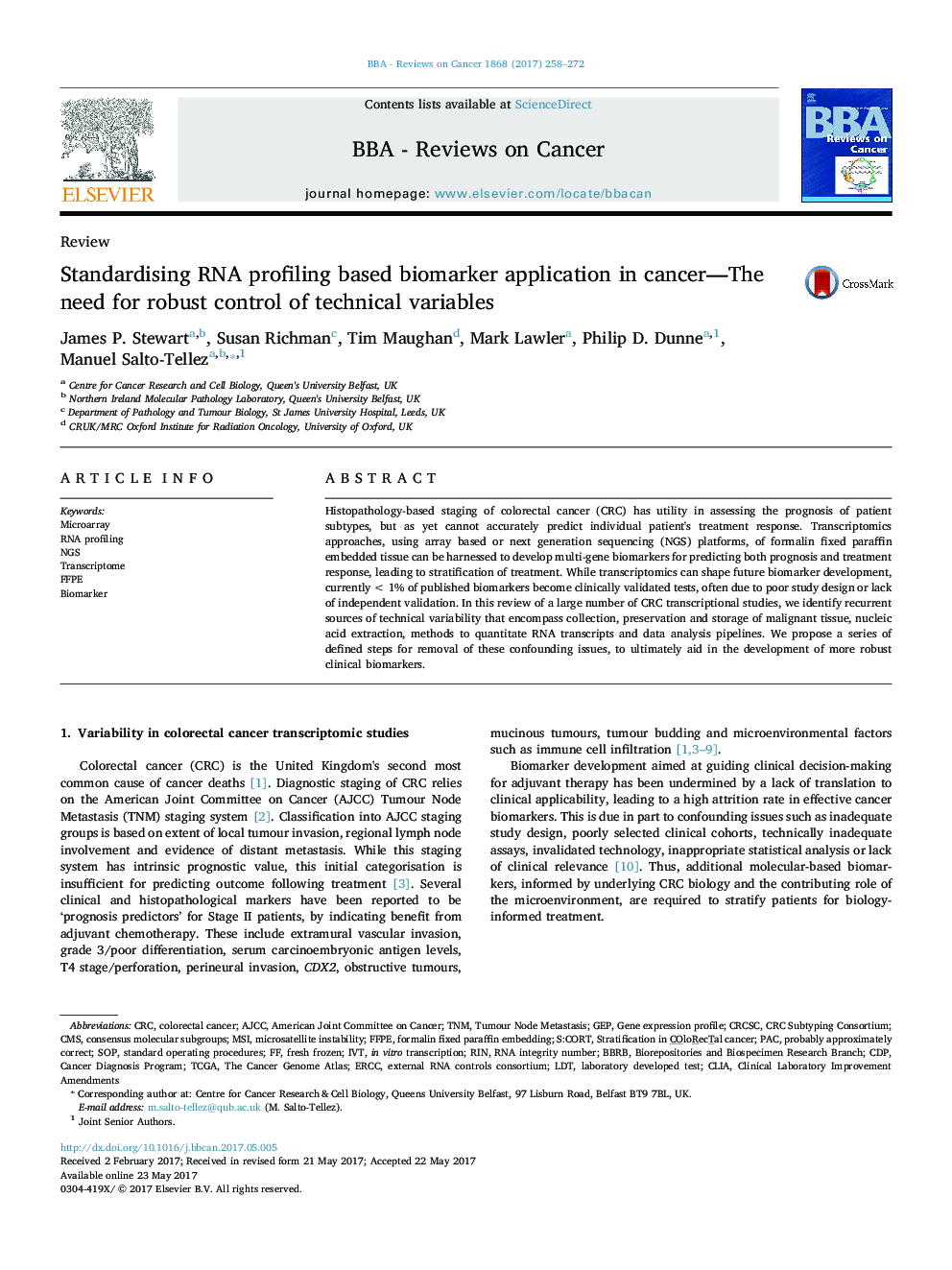 ReviewStandardising RNA profiling based biomarker application in cancer-The need for robust control of technical variables