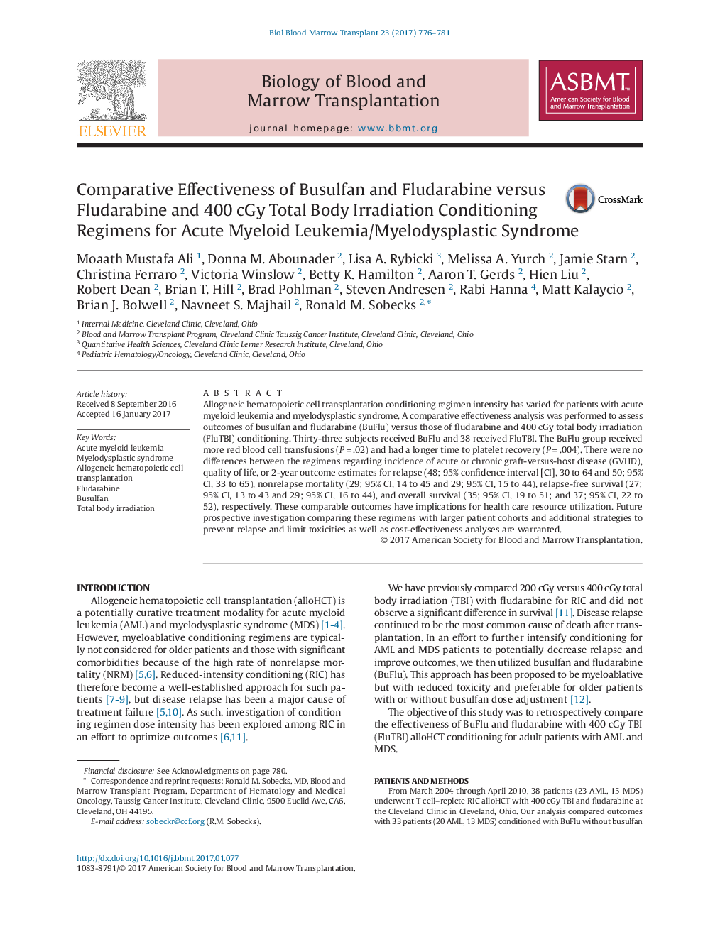 Comparative Effectiveness of Busulfan and Fludarabine versus Fludarabine and 400âcGy Total Body Irradiation Conditioning Regimens for Acute Myeloid Leukemia/Myelodysplastic Syndrome