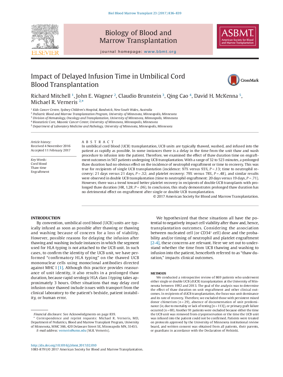 Impact of Delayed Infusion Time in Umbilical Cord Blood Transplantation