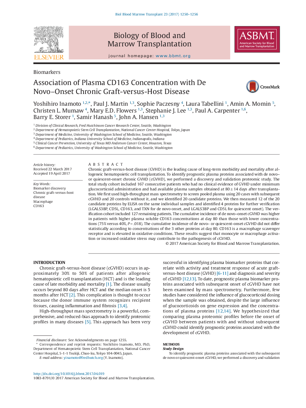 BiomarkersAssociation of Plasma CD163 Concentration with De Novo-Onset Chronic Graft-versus-Host Disease