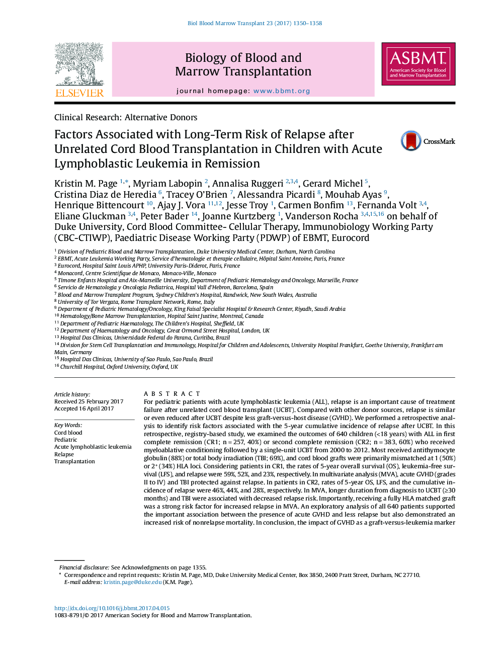 Clinical Research: Alternative DonorsFactors Associated with Long-Term Risk of Relapse after Unrelated Cord Blood Transplantation in Children with Acute Lymphoblastic Leukemia in Remission