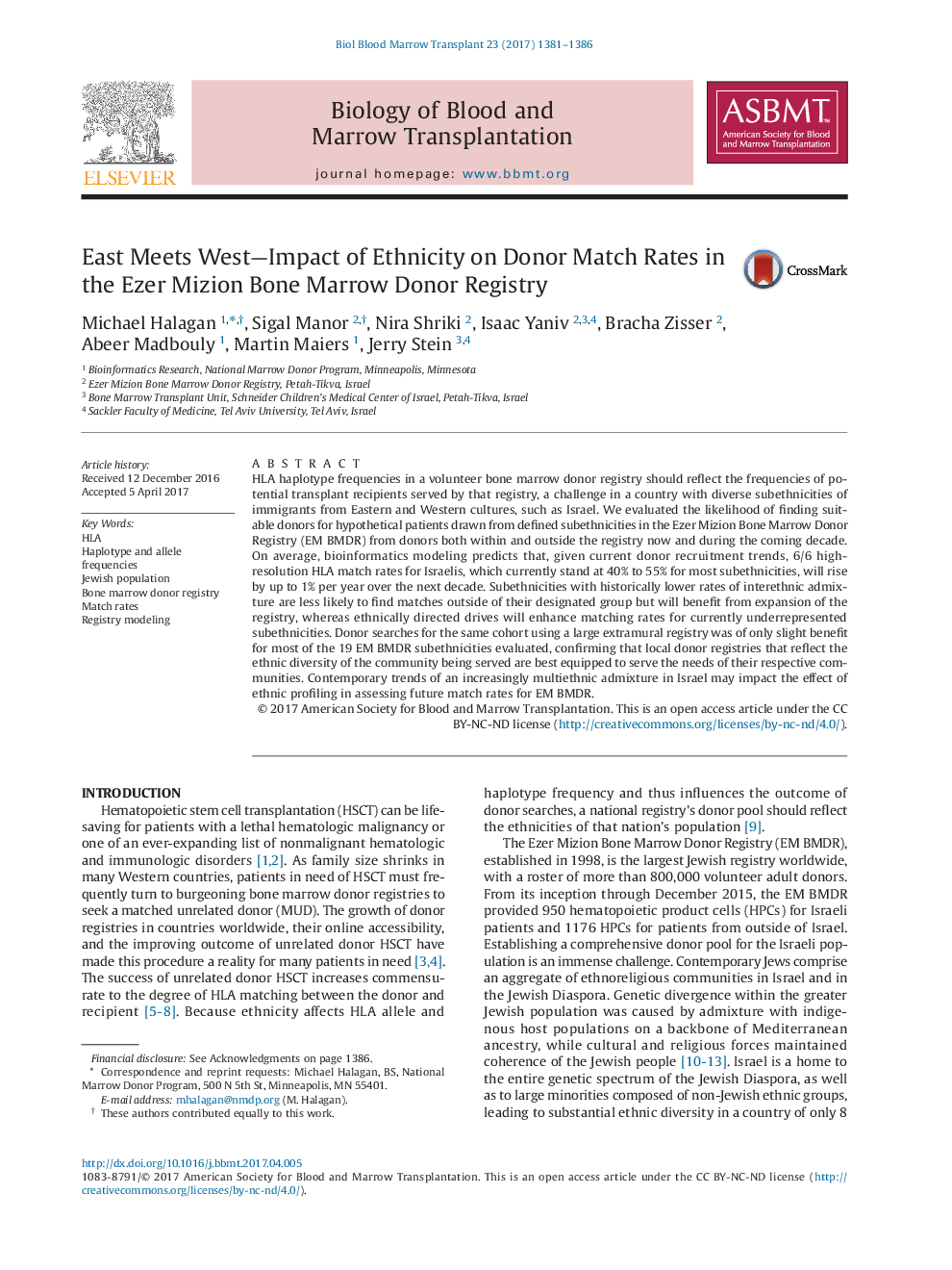 East Meets West-Impact of Ethnicity on Donor Match Rates in the Ezer Mizion Bone Marrow Donor Registry