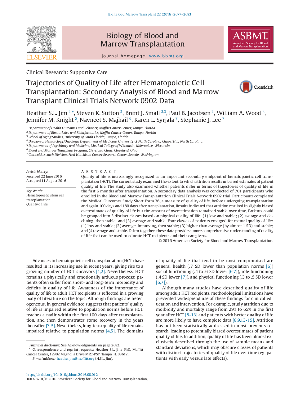 Trajectories of Quality of Life after Hematopoietic Cell Transplantation: Secondary Analysis of Blood and Marrow Transplant Clinical Trials Network 0902 Data