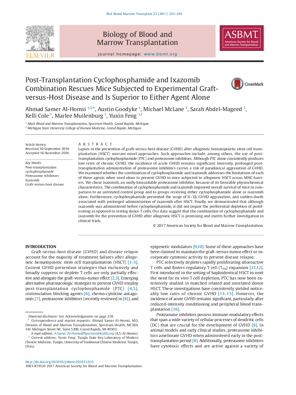 Post-Transplantation Cyclophosphamide and Ixazomib Combination Rescues Mice Subjected to Experimental Graft-versus-Host Disease and Is Superior to Either Agent Alone