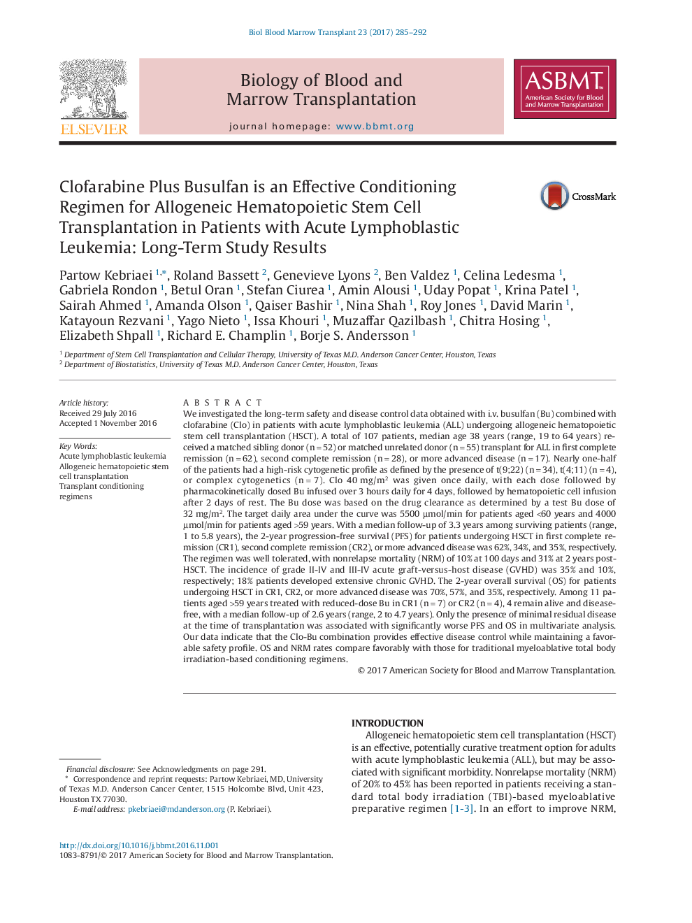 Clofarabine Plus Busulfan is an Effective Conditioning Regimen for Allogeneic Hematopoietic Stem Cell Transplantation in Patients with Acute Lymphoblastic Leukemia: Long-Term Study Results