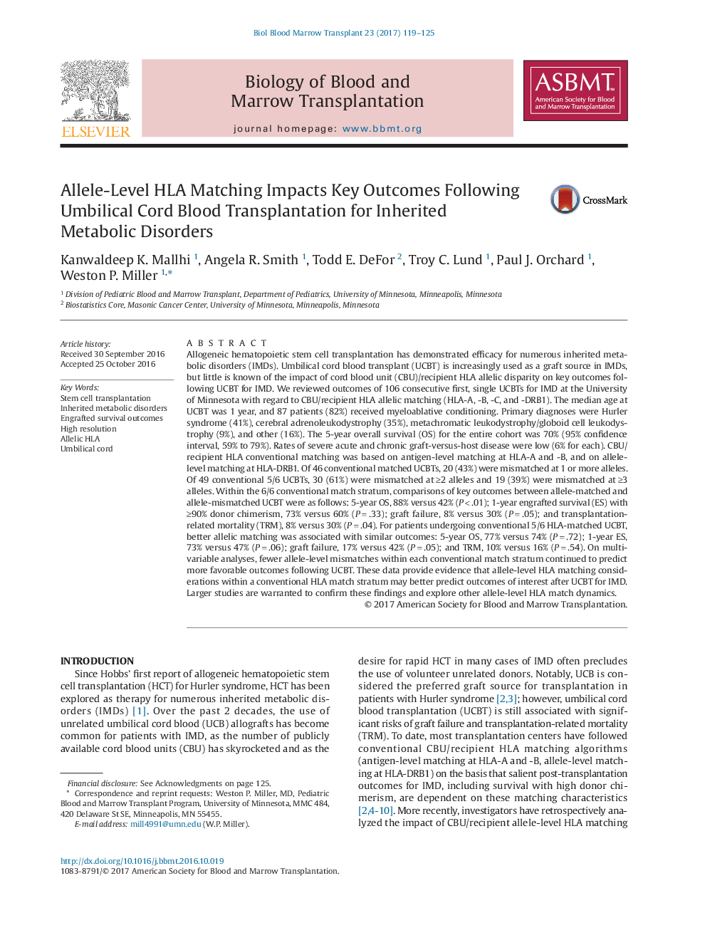 Allele-Level HLA Matching Impacts Key Outcomes Following Umbilical Cord Blood Transplantation for Inherited Metabolic Disorders