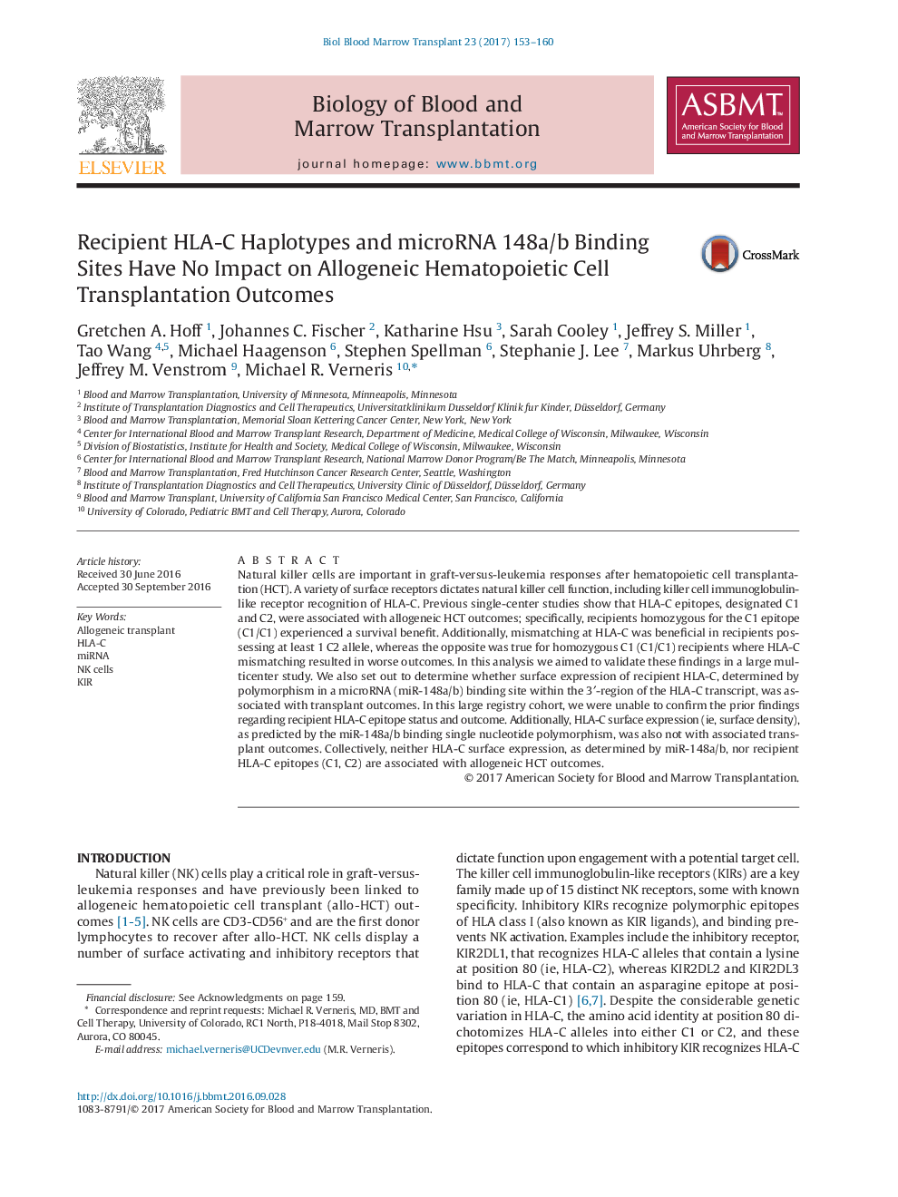 Recipient HLA-C Haplotypes and microRNA 148a/b Binding Sites Have No Impact on Allogeneic Hematopoietic Cell Transplantation Outcomes