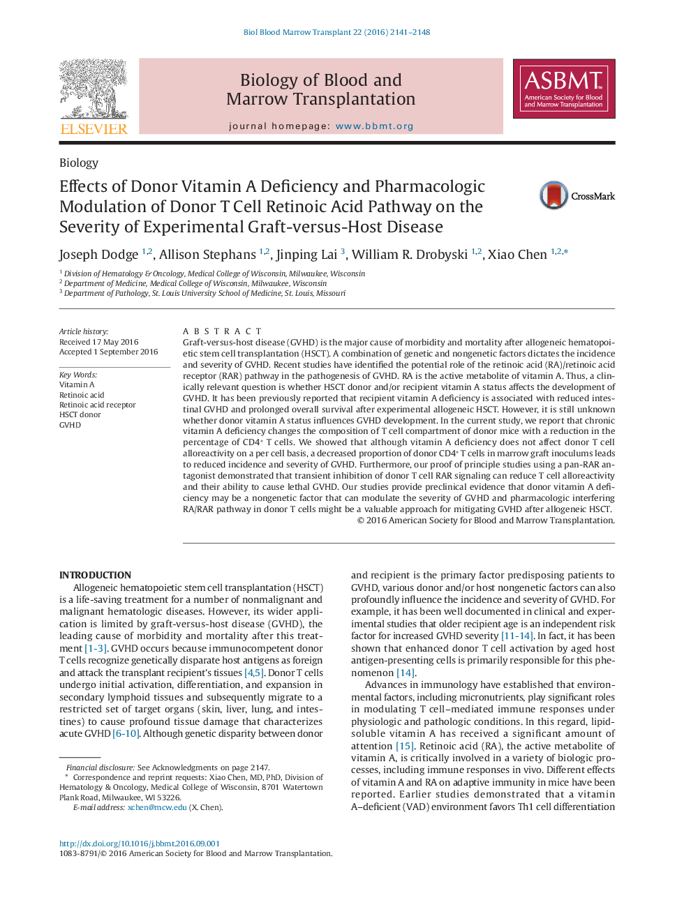 BiologyEffects of Donor Vitamin A Deficiency and Pharmacologic Modulation of Donor T Cell Retinoic Acid Pathway on the Severity of Experimental Graft-versus-Host Disease