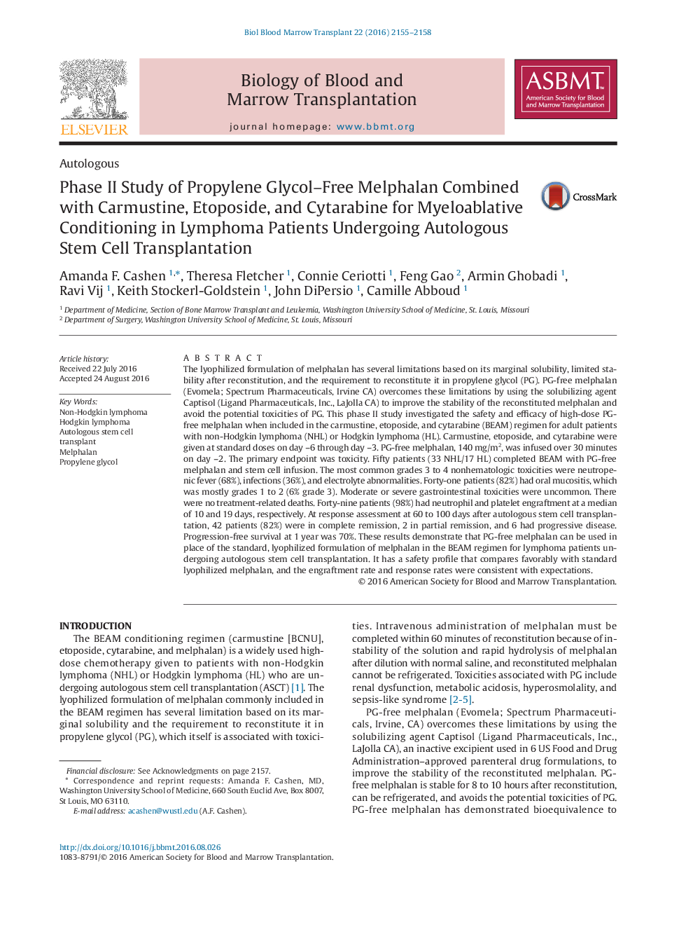 AutologousPhase II Study of Propylene Glycol-Free Melphalan Combined with Carmustine, Etoposide, and Cytarabine for Myeloablative Conditioning in Lymphoma Patients Undergoing Autologous Stem Cell Transplantation