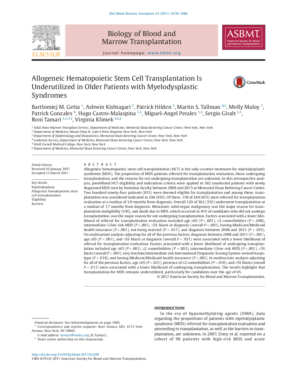 Allogeneic Hematopoietic Stem Cell Transplantation Is Underutilized in Older Patients with Myelodysplastic Syndromes