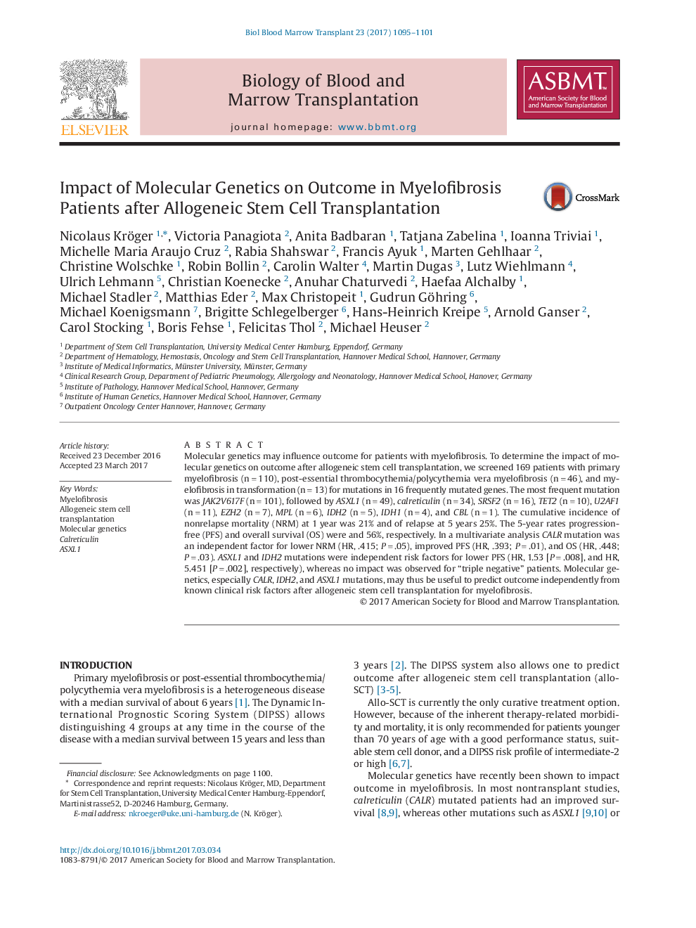 Impact of Molecular Genetics on Outcome in Myelofibrosis Patients after Allogeneic Stem Cell Transplantation