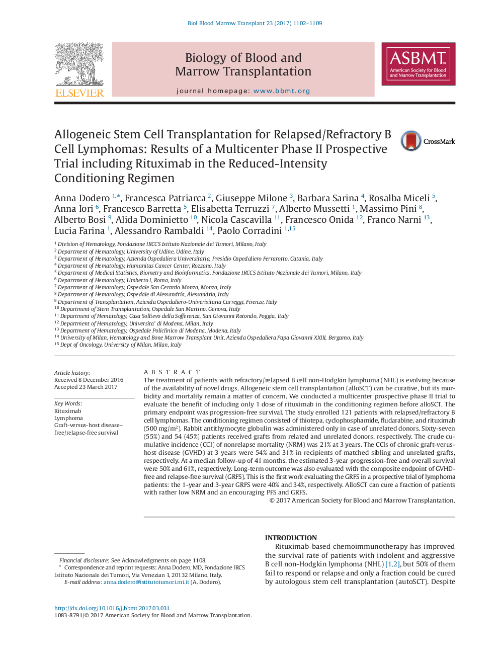 Allogeneic Stem Cell Transplantation for Relapsed/Refractory B Cell Lymphomas: Results of a Multicenter Phase II Prospective Trial including Rituximab in the Reduced-Intensity Conditioning Regimen