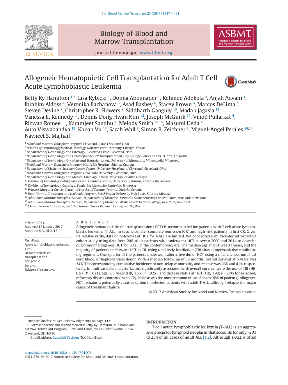 Allogeneic Hematopoietic Cell Transplantation for Adult T Cell Acute Lymphoblastic Leukemia