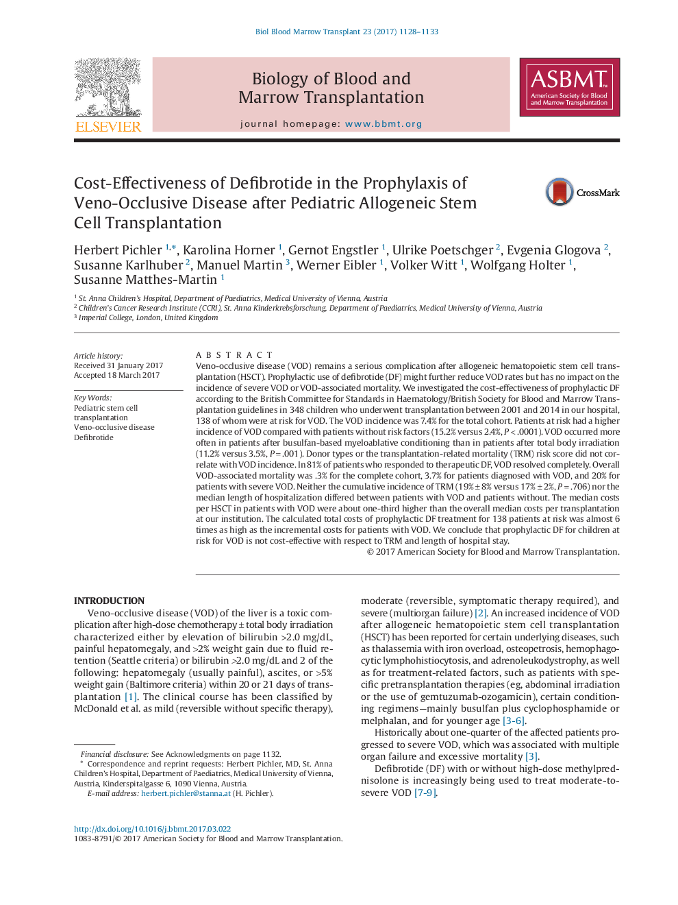 Cost-Effectiveness of Defibrotide in the Prophylaxis of Veno-Occlusive Disease after Pediatric Allogeneic Stem Cell Transplantation