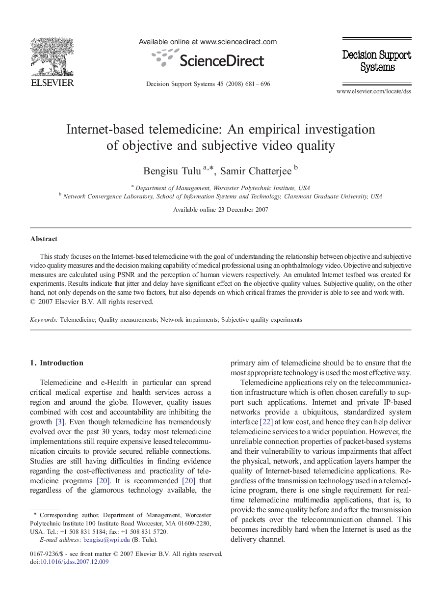 Internet-based telemedicine: An empirical investigation of objective and subjective video quality