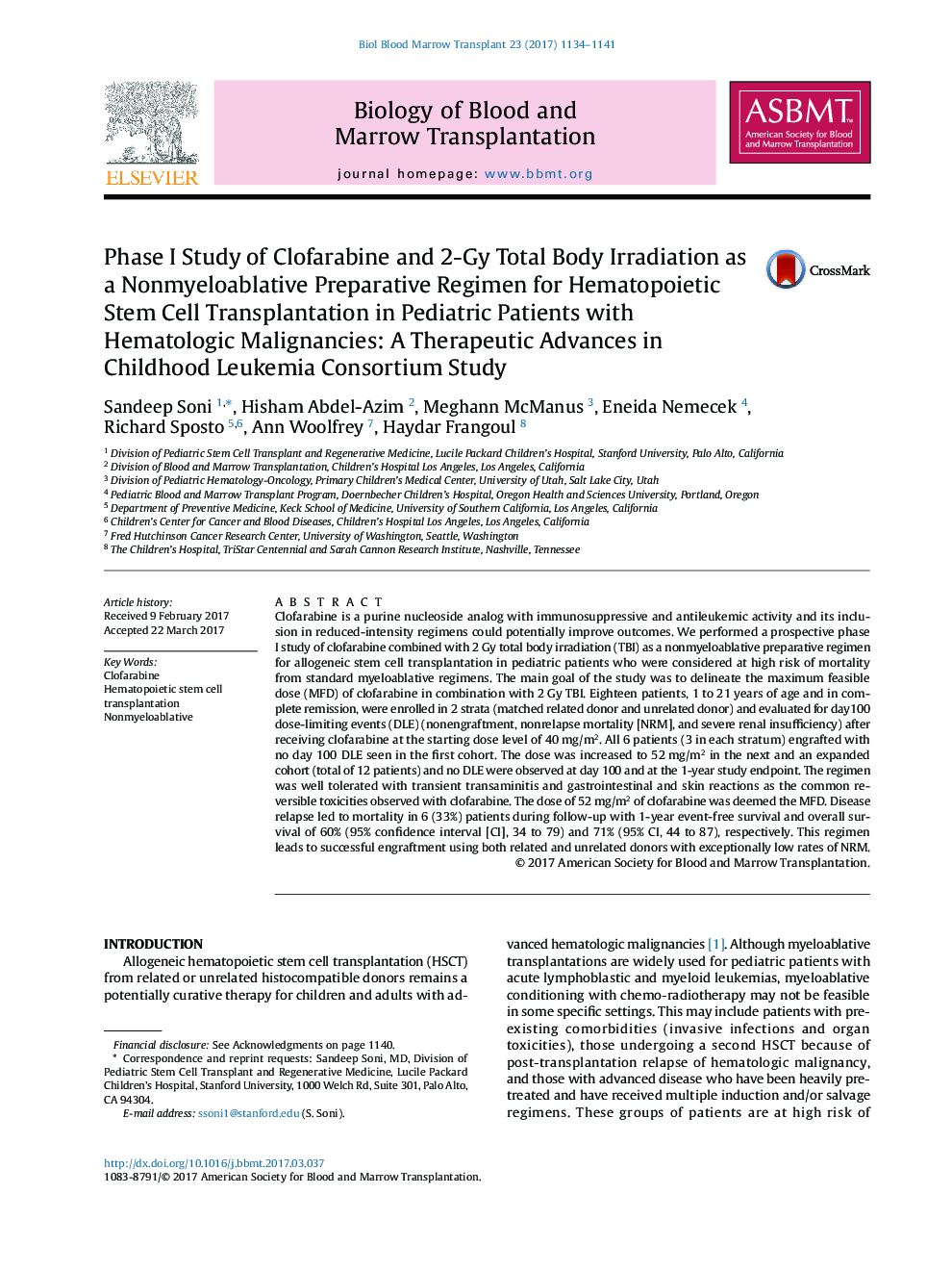 Phase I Study of Clofarabine and 2-Gy Total Body Irradiation as a Nonmyeloablative Preparative Regimen for Hematopoietic Stem Cell Transplantation in Pediatric Patients with Hematologic Malignancies: A Therapeutic Advances in Childhood Leukemia Consortium
