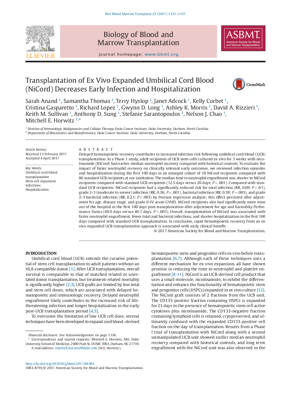 Transplantation of Ex Vivo Expanded Umbilical Cord Blood (NiCord) Decreases Early Infection and Hospitalization