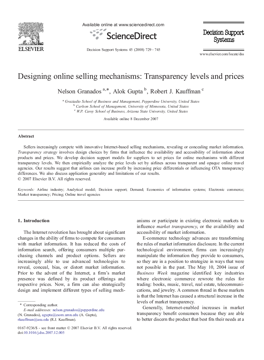 Designing online selling mechanisms: Transparency levels and prices