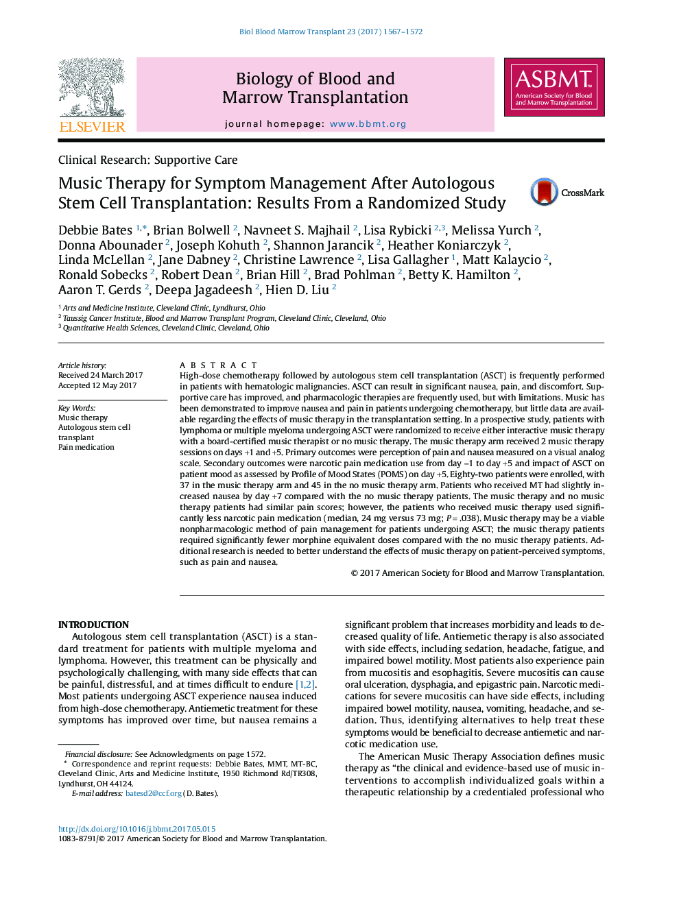 Clinical Research: Supportive CareMusic Therapy for Symptom Management After Autologous Stem Cell Transplantation: Results From a Randomized Study