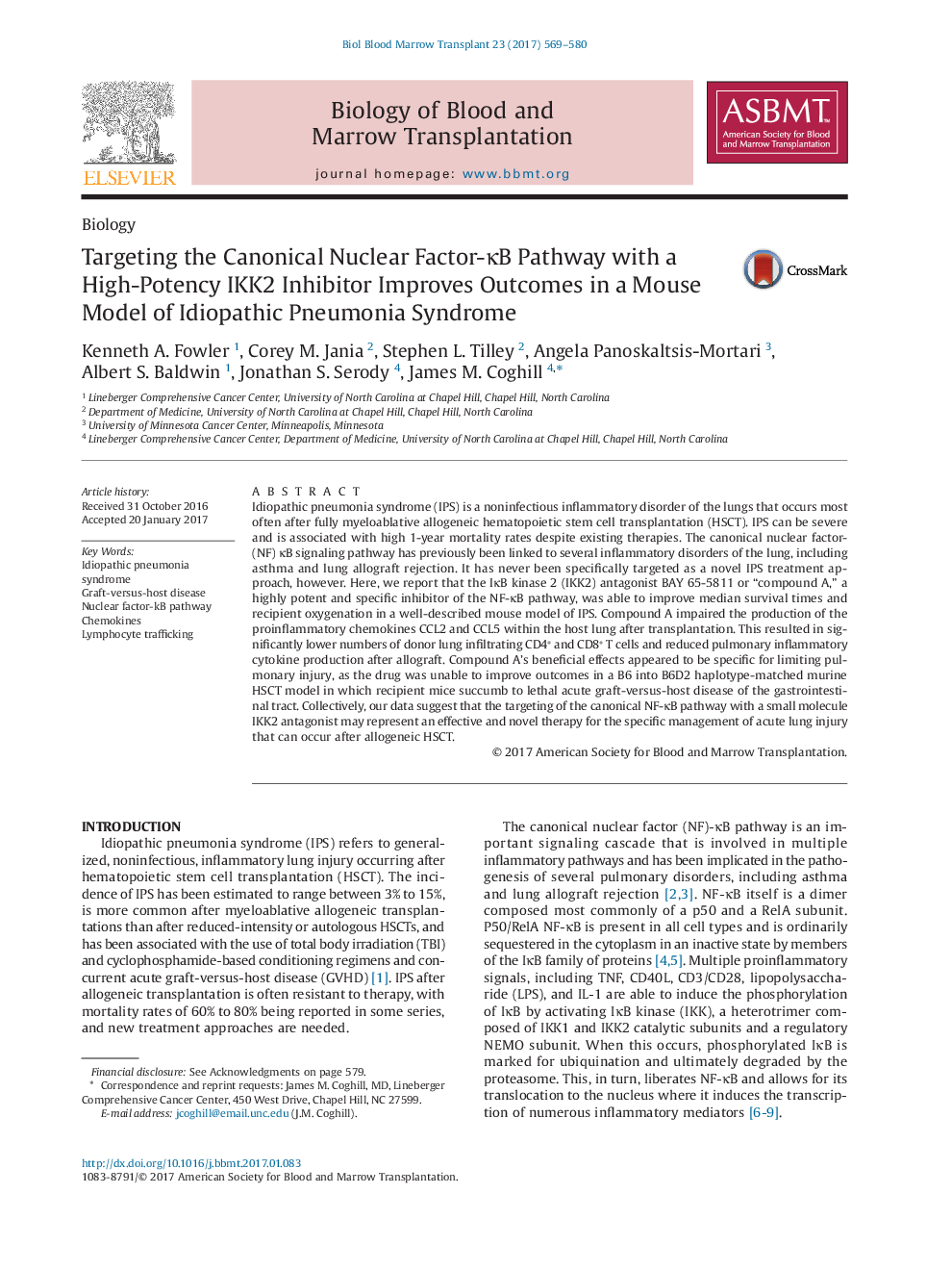 BiologyTargeting the Canonical Nuclear Factor-ÎºB Pathway with a High-Potency IKK2 Inhibitor Improves Outcomes in a Mouse Model of Idiopathic Pneumonia Syndrome