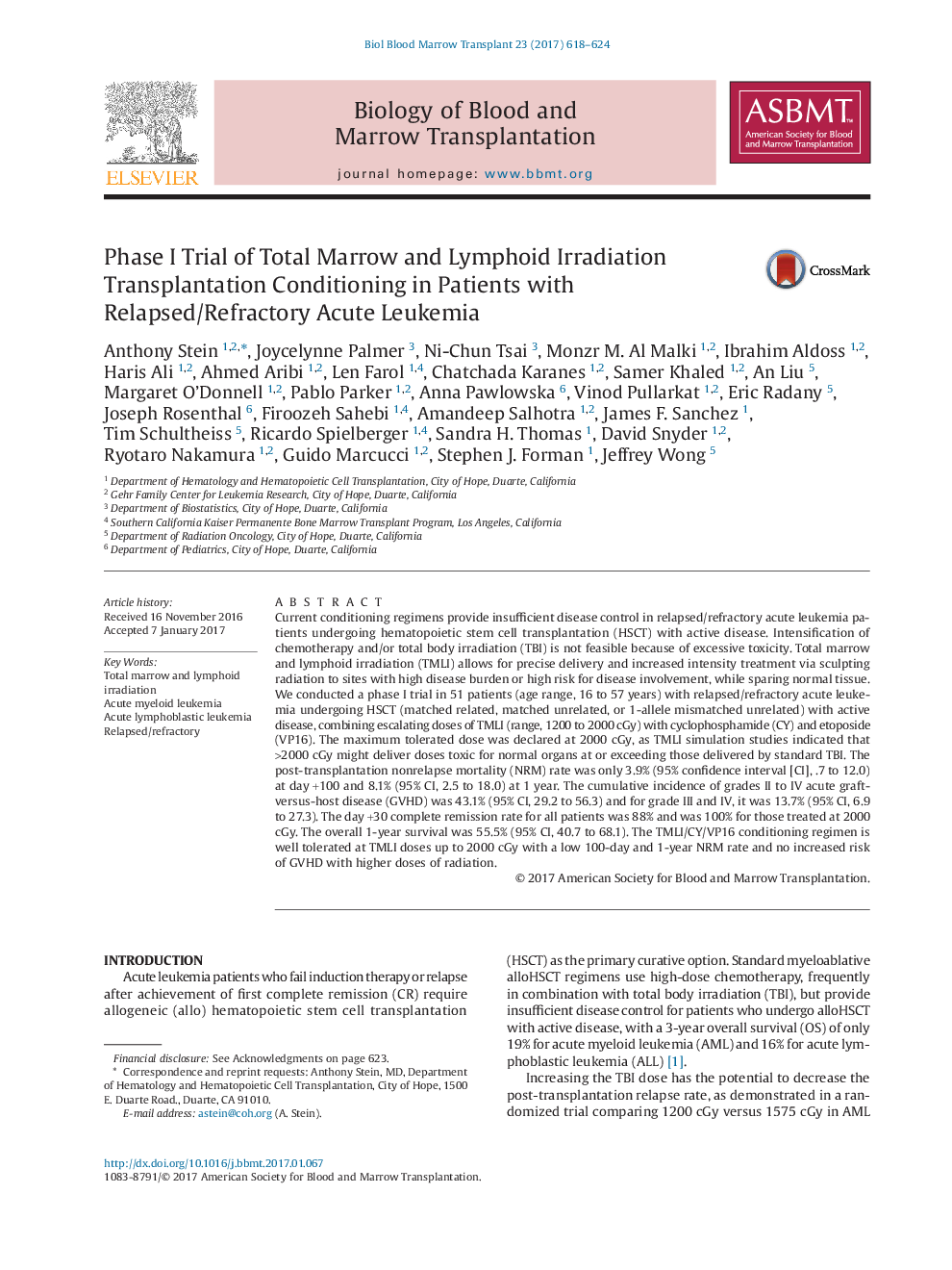 Phase I Trial of Total Marrow and Lymphoid Irradiation Transplantation Conditioning in Patients with Relapsed/Refractory Acute Leukemia