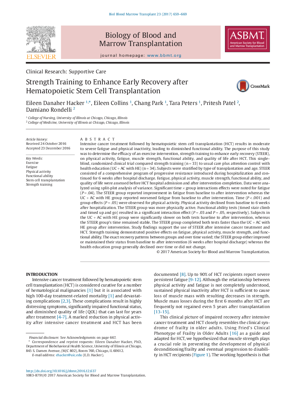 Clinical Research: Supportive CareStrength Training to Enhance Early Recovery after Hematopoietic Stem Cell Transplantation