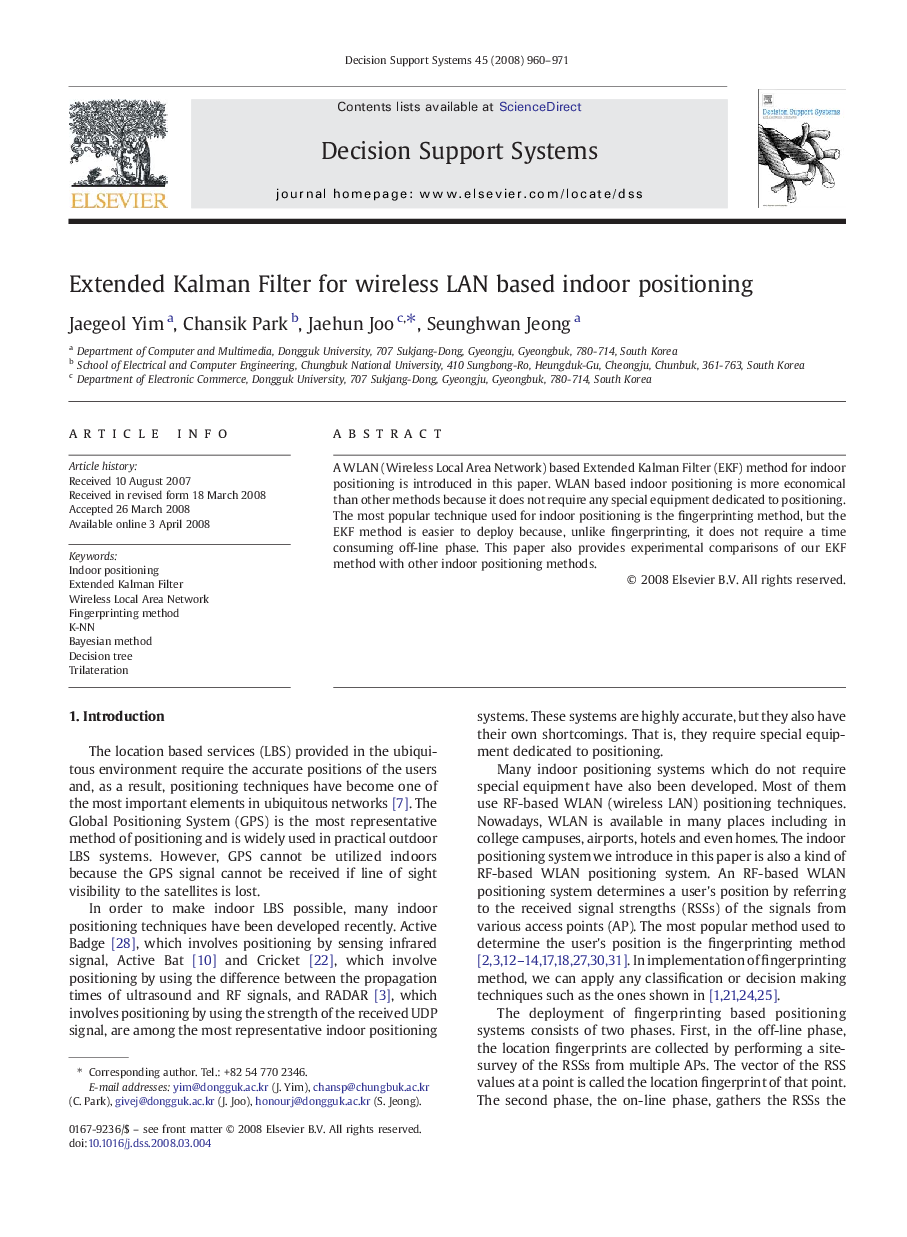 Extended Kalman Filter for wireless LAN based indoor positioning