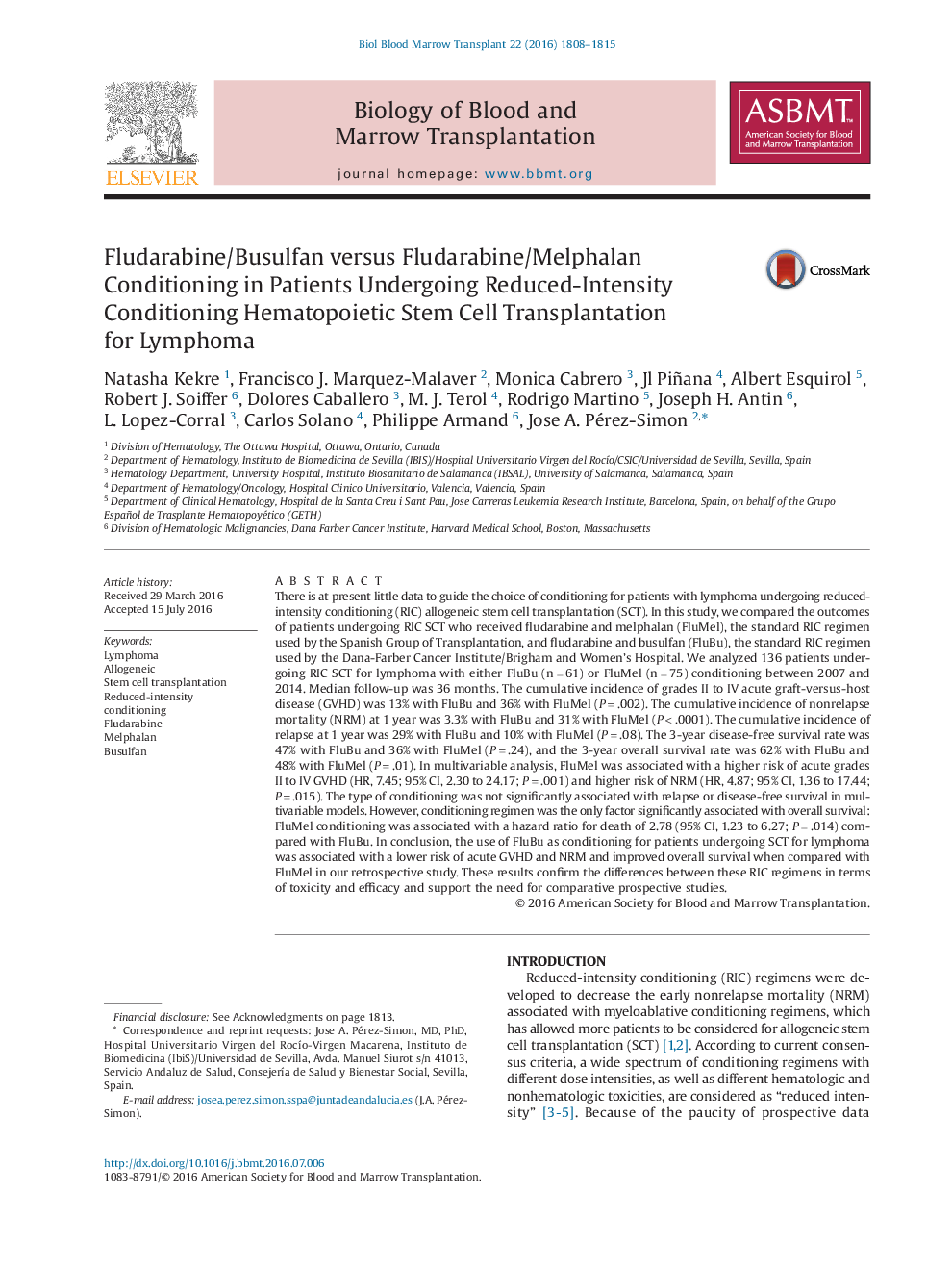 Fludarabine/Busulfan versus Fludarabine/Melphalan Conditioning in Patients Undergoing Reduced-Intensity Conditioning Hematopoietic Stem Cell Transplantation for Lymphoma