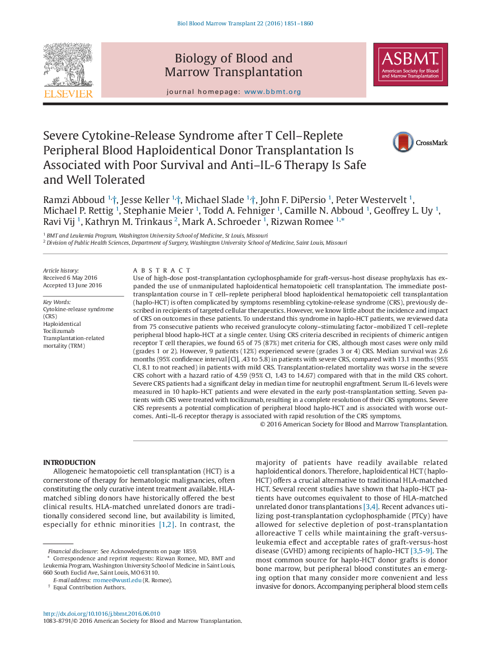 Severe Cytokine-Release Syndrome after T Cell-Replete Peripheral Blood Haploidentical Donor Transplantation Is Associated with Poor Survival and Anti-IL-6 Therapy Is Safe and Well Tolerated