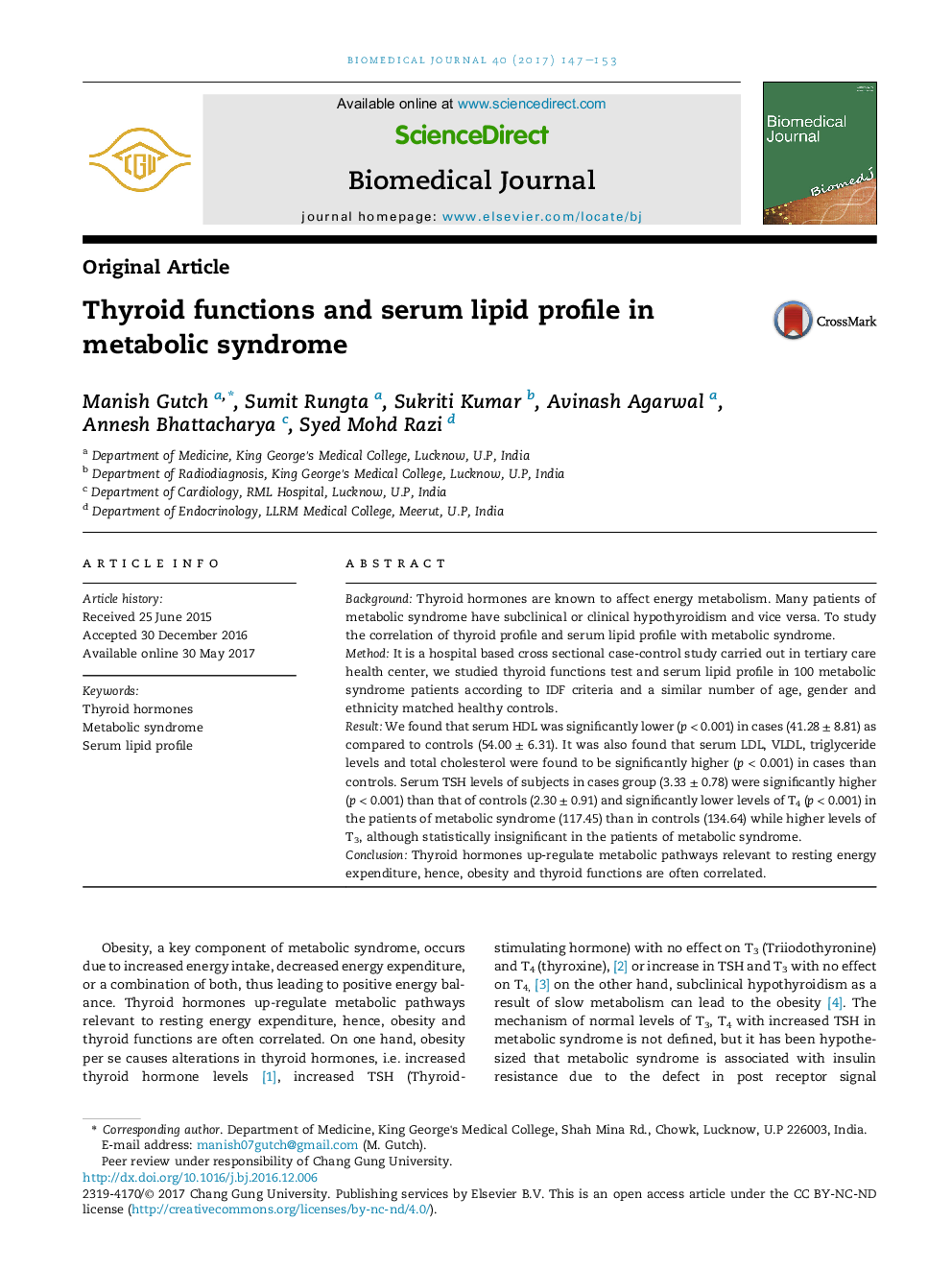 Thyroid functions and serum lipid profile in metabolic syndrome