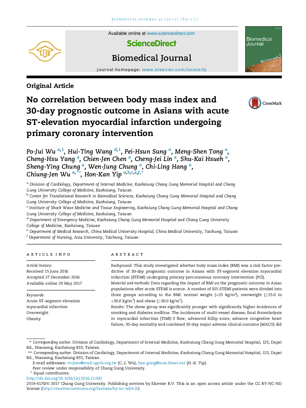 No correlation between body mass index and 30-day prognostic outcome in Asians with acute ST-elevation myocardial infarction undergoing primary coronary intervention