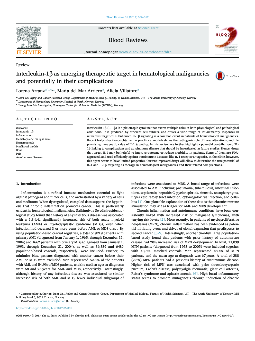 Interleukin-1Î² as emerging therapeutic target in hematological malignancies and potentially in their complications