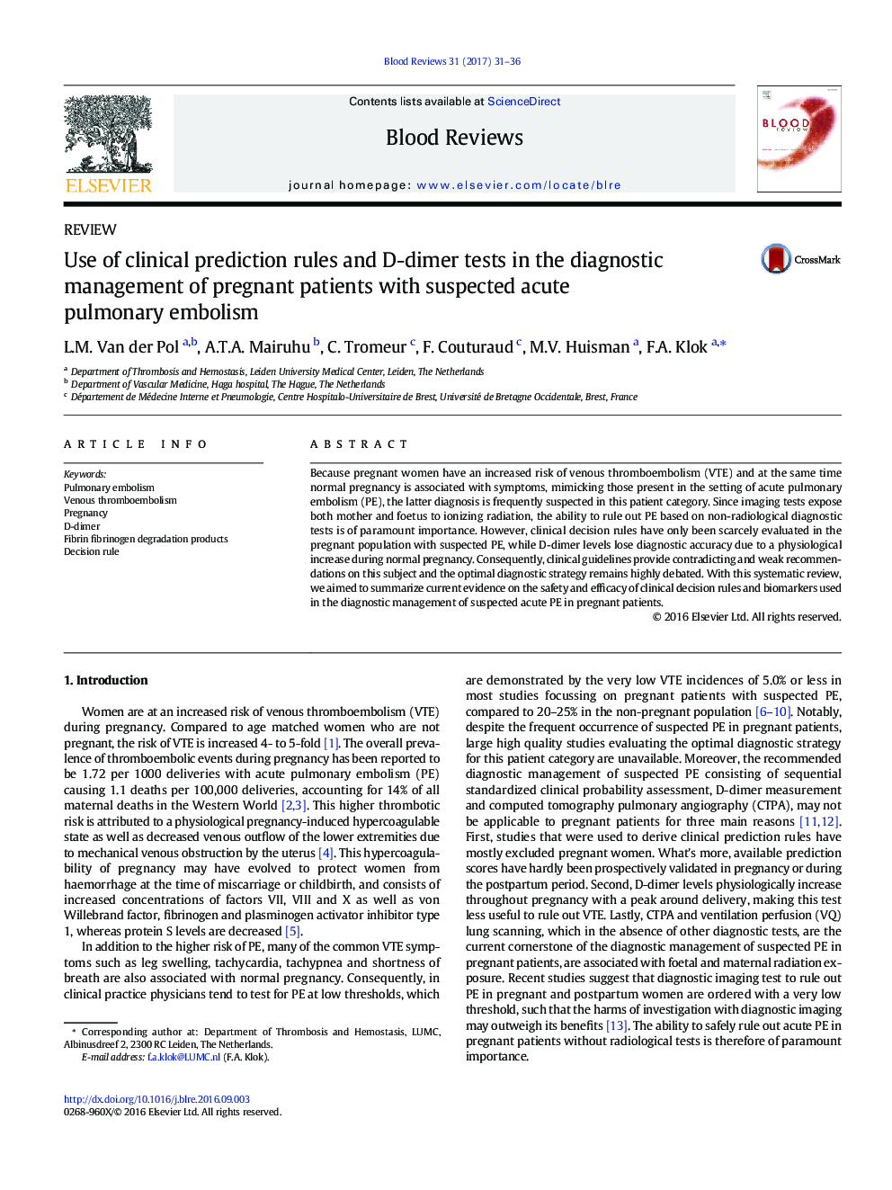 ReviewUse of clinical prediction rules and D-dimer tests in the diagnostic management of pregnant patients with suspected acute pulmonary embolism