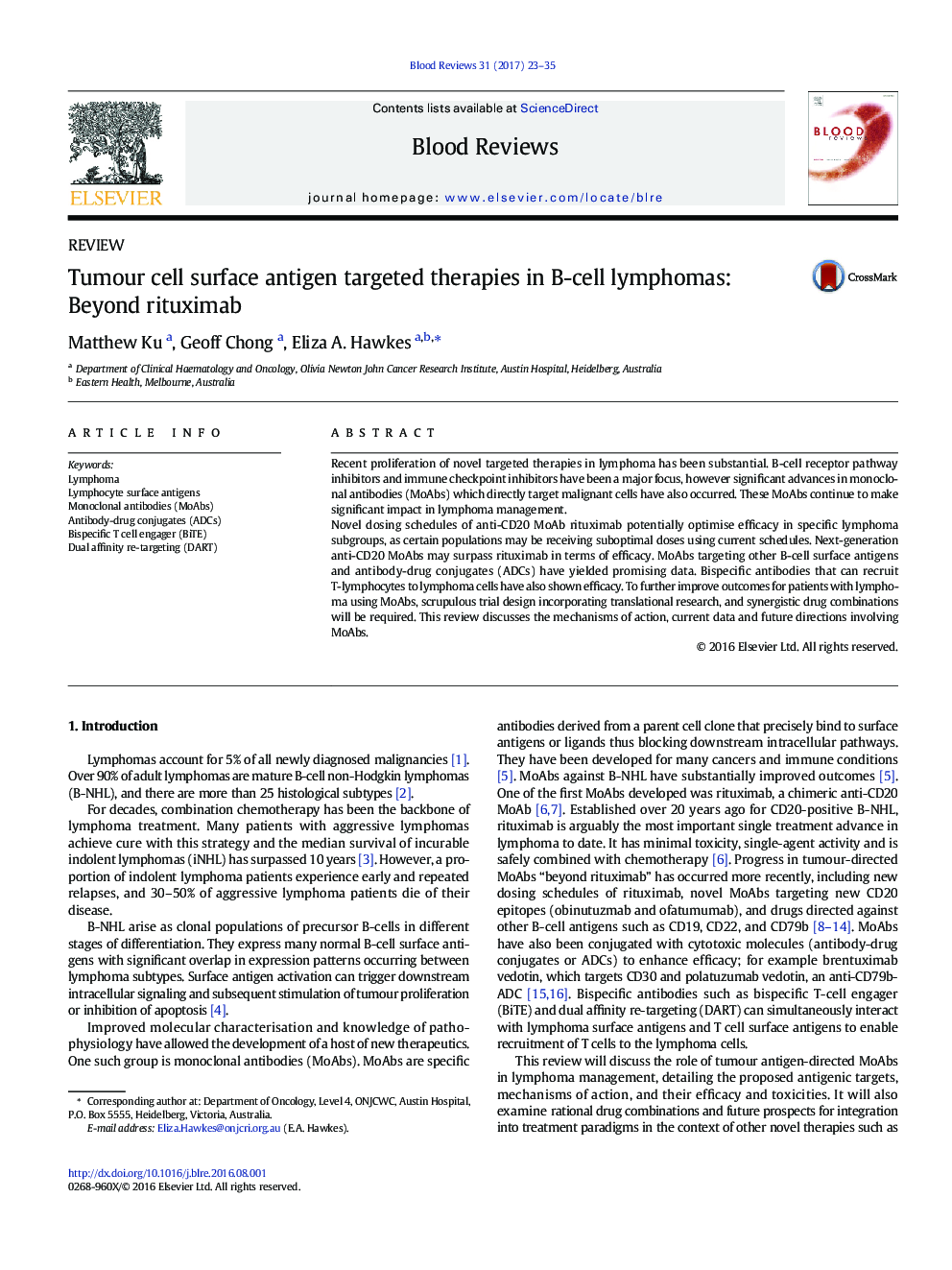 REVIEWTumour cell surface antigen targeted therapies in B-cell lymphomas: Beyond rituximab