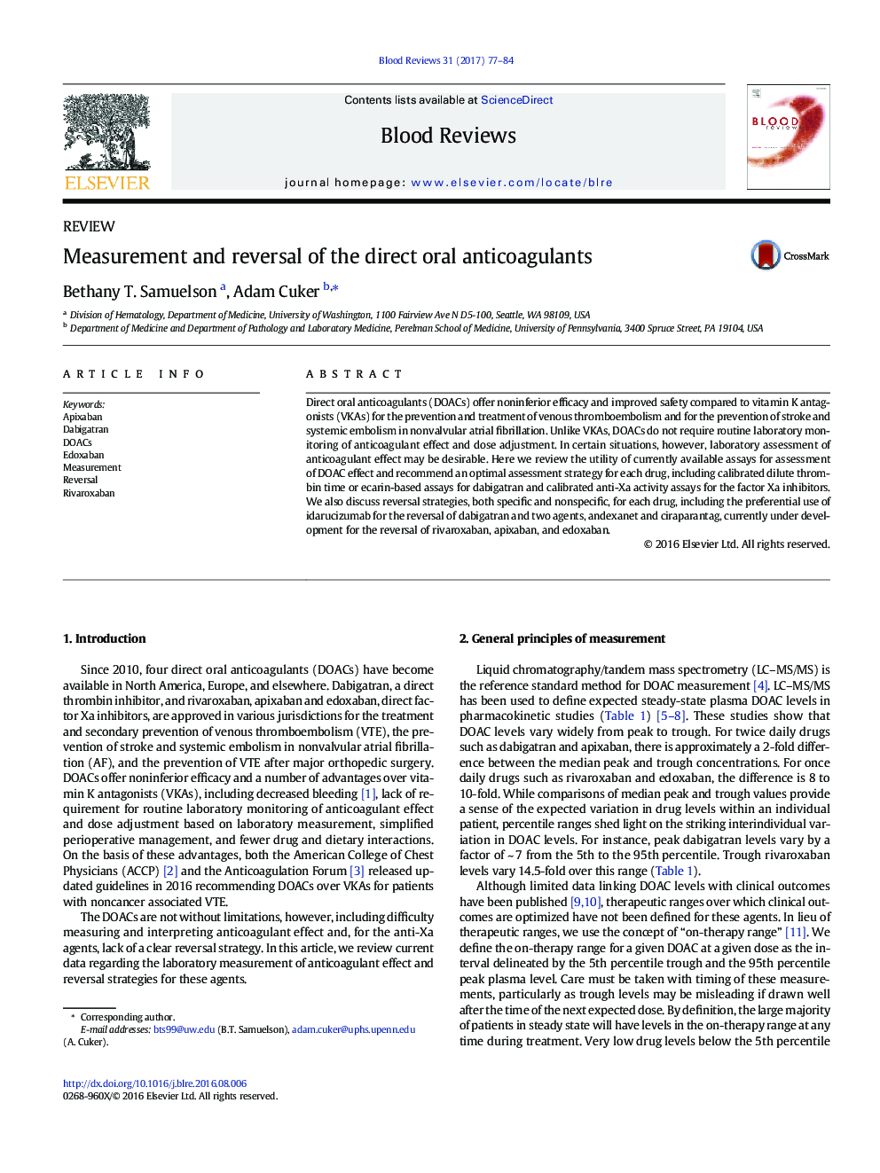 REVIEWMeasurement and reversal of the direct oral anticoagulants